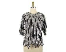 Vintage 1980s Silver and Black Abstract Sequin Blouse NYE Size M
