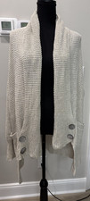 Oversized Cardigan Sweater Beige Waffle-Knit Shell-Style Buttons Medium Cozy