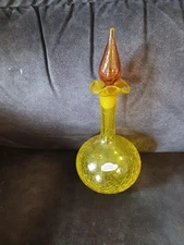 Blenko Yellow Crackle Glass Decanter, Mid 20th Century