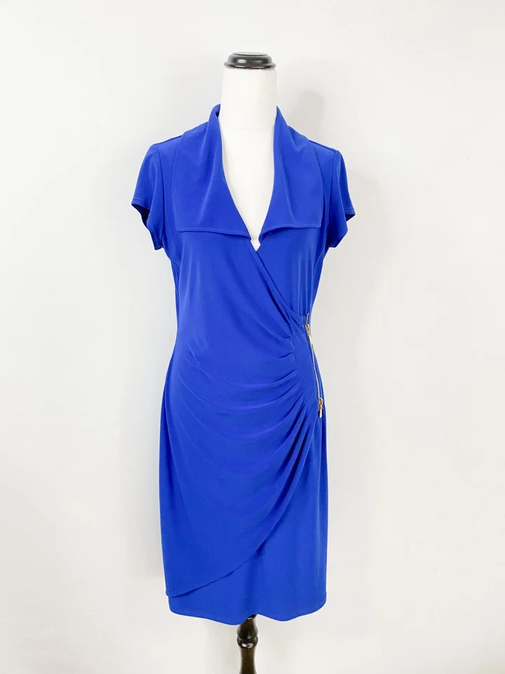 JOSEPH RIBKOFF jersey bodycon dress sz 12 / gold zip ruched faux-wrap blue - Image 2 of 4