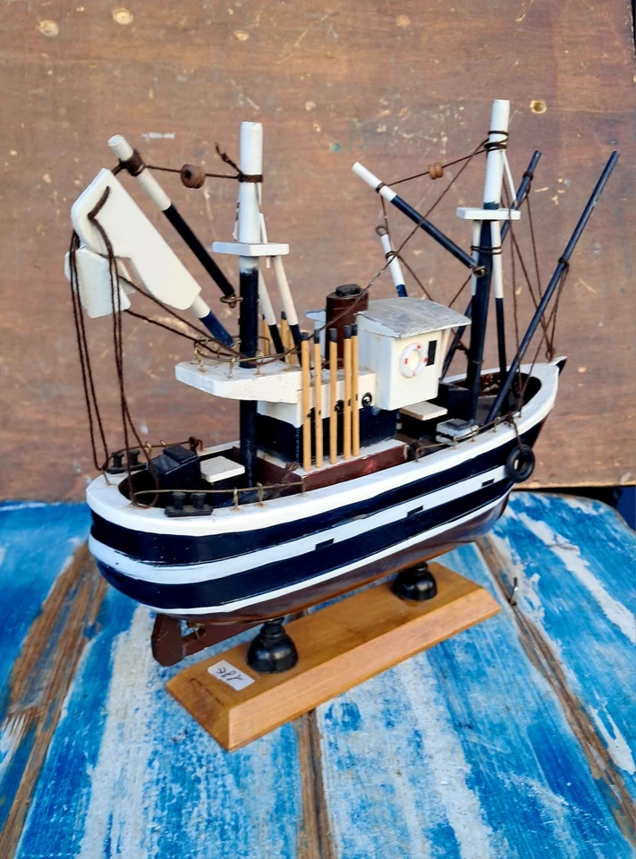 Peschereccio Barca Da Pesca A Traino In Legno Arredo Nautico Marina Nave - Immagine 3 di 4