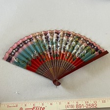 Vintage Wooden  Paper Hand Fan Fold Up 1930-1940s Japan Floral