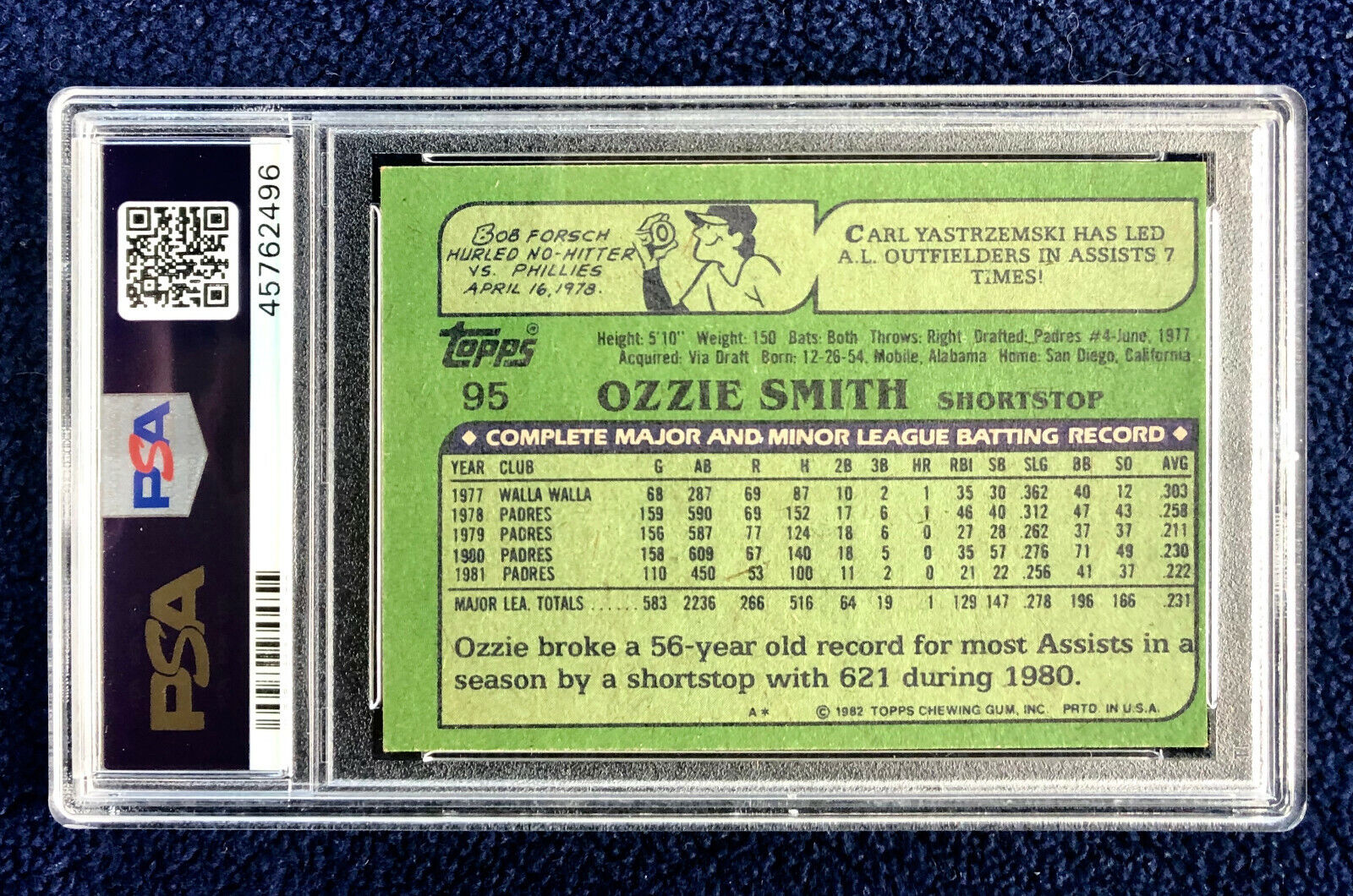 1982 Topps Ozzie Smith #95 Baseball Card San Diego Padres PSA 8(OC 