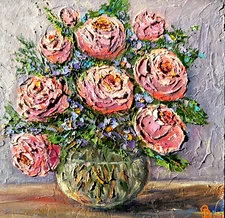 ORIGINAL Painting  OIL impasto "ROSES And Violet IN VASE"  8"x8" by Olga Diduh