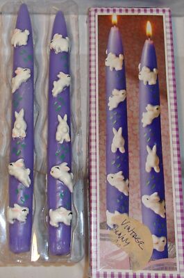 PURPLE EASTER BUNNY RABBIT CANDLE STICK PAIR - UNUSED IN BOX -