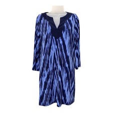 Michael Kors Tunic Dress Size M Blue Black Ikat Print Split Neck 3/4 Sleeve