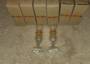 25 New Hard Rock Cafe 4" Hurricane Yellow Logo Shot Glasses - Different location