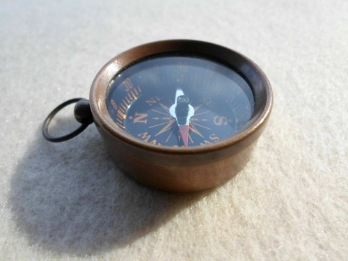 Antique Finish Brass Pocket Compass - Necklace Pendant Charm - Old Vintage Style - Picture 2 of 6