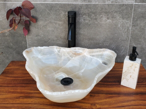 White Onyx Stone Vessel Sink, Small Above Counter Bathroom SInks, Luxury Home - Afbeelding 1 van 8
