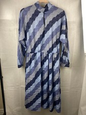 Vintage Blue Stripe Dress UK 12-14 High Neck Long Sleeve