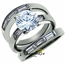 4.35 Ct Cubic Zirconia Stainless Steel Engagement Wedding Ring 3 PC Set Sz 5-10