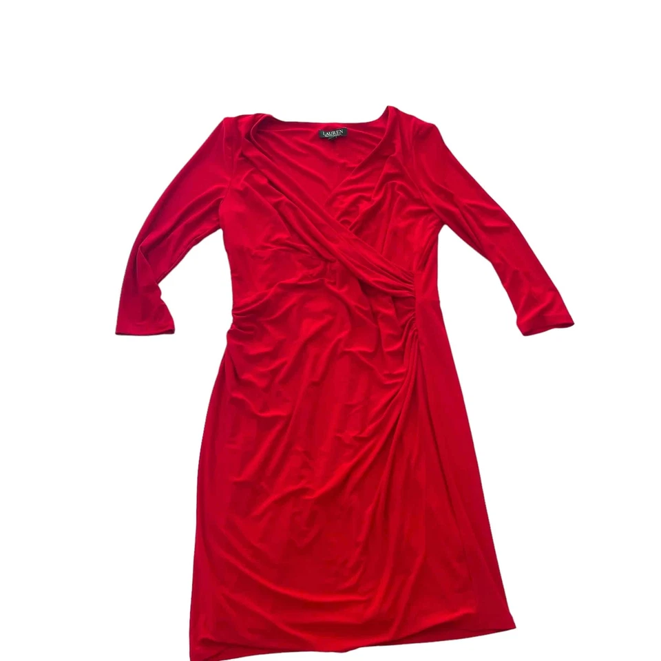 Vestido envolvente sintético rojo Lauren Ralph Lauren para mujer talla 12 hasta la rodilla manga 3/4 Foto 3 de 4