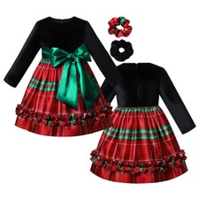 Holiday Girls Party Dresses Black Velvet Bodice and Plaid Dresses Green Bow