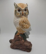 Vintage Byron Molds Hand Painted  Ceramic Great Horned Owl On Log  1975