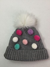 Grey Infant Pom-Pom Knit Cap w/ Colorful Balls . Sz 12-24 Months. Lined-Exc Cond