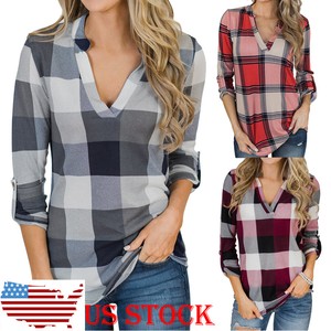 Women-Fashion-V-Neck-Long-Sleeve-Shirts-Check-Plaid-Casual-Blouses-Loose-Tops-US