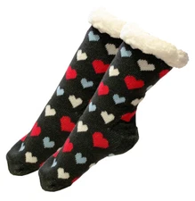 Womens Thick Knit Sherpa Fleece Slipper Socks Black Base Colorful Hearts 9-11