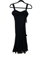 Y2K Nine West Silk Black Midi Dress Ruffle Bow Dark Fairy Witchy Coquette Whimsy