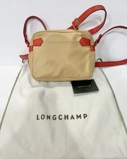 Longchamp Paris Two Tone Crossbody Purse With Dust Cover! Tan And Red Leather