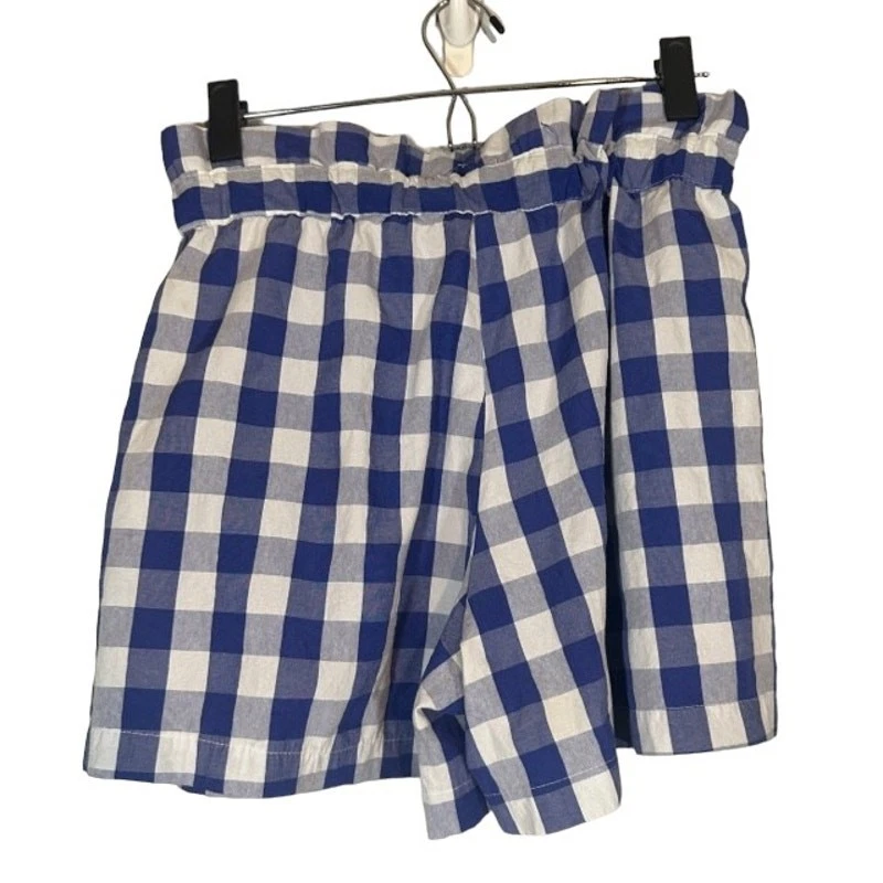Joie Blue & White Check Plaid Cotton Blend Tie Waist Paperbag Shorts Women Sz L - Image 2 of 4