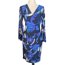 Ralph Lauren Floral Wrap Style Dress Bell Sleeve Navy Blue Size 4