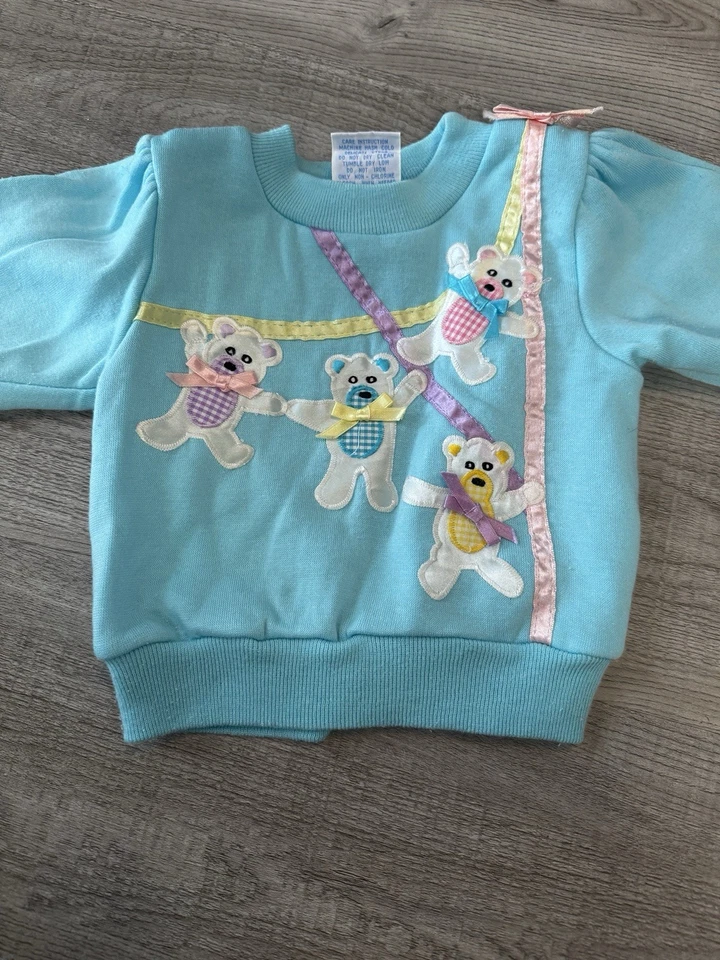 Vintage 80s Girls Sweat Suit Set Joggles Light Blue Teddy Bears Sz 18 Months - Image 3 of 4