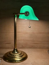 Vintage Bankers Lamp Curve Tilting Green Glass Desk Light Brass 15-1/2" New Cord