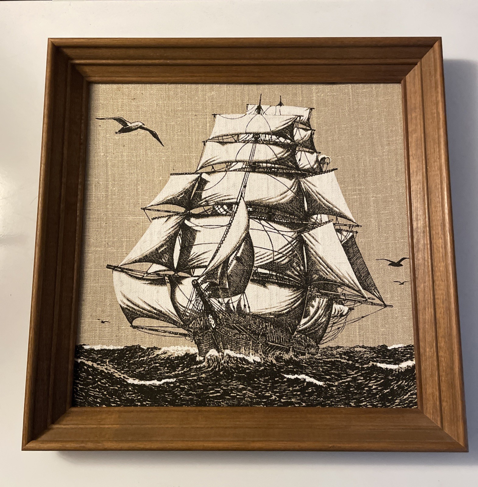 Vintage Framed print by Kay Dee Handprints. 100% Linen Nautical Ship Print