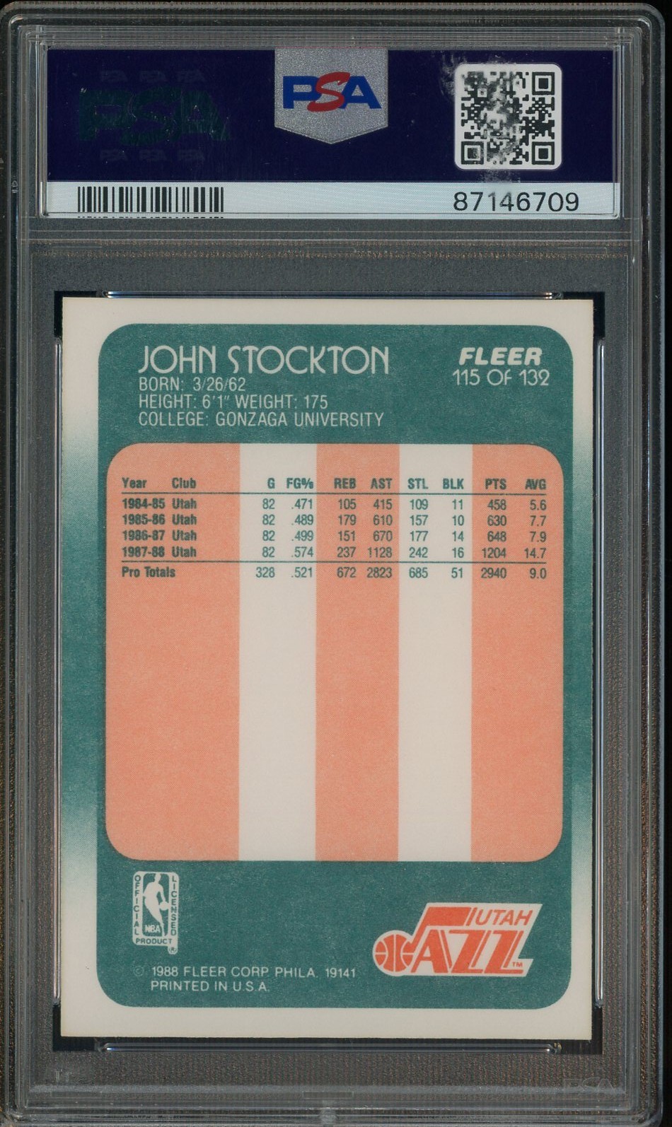 1988 Fleer Basketball #115 John Stockton RC Rookie HOF PSA 10 PSA/DNA 10 AUTO view 2