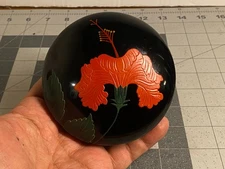Vintage Wooden Black Hibiscus Lacquer Round Incense Holder Container