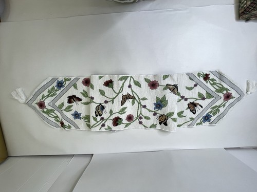 Butterfly Embroidered 68" Table Runner Colorful Floral Leaves Tassles 12" Wide - Picture 3 of 11