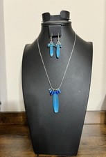 Crystal Blue Sea Glass Matching Earrings And Pendant Necklace Set