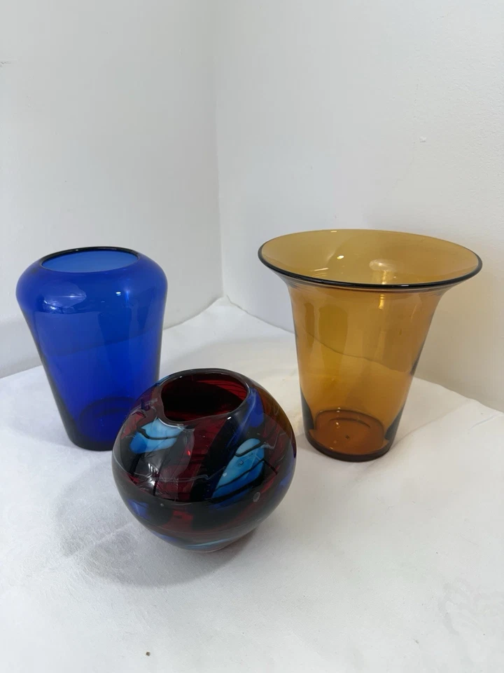 Juego de 3: cuenco y estuches de cristalería artística azul amarillo y rojo Foto 2 de 4