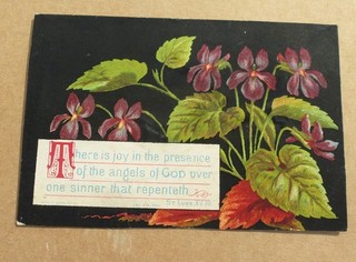 ORIGINAL VICTORIAN RELIGIOUS CARD VIOLETS BIBLE VERSE THERE IS JOY