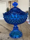 Vintage Fenton  colonial blue glass hobnail pedestal candy dish lid