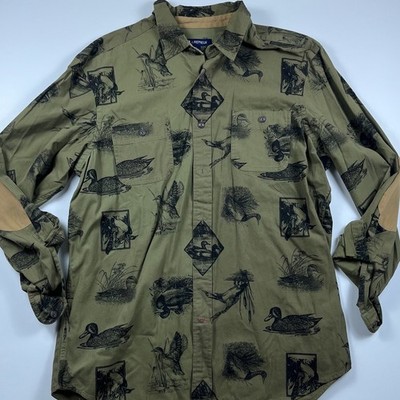 Cremieux Gamekeeper Mens Duck Hunting Print Shirt Olive Green Elbow Patches L