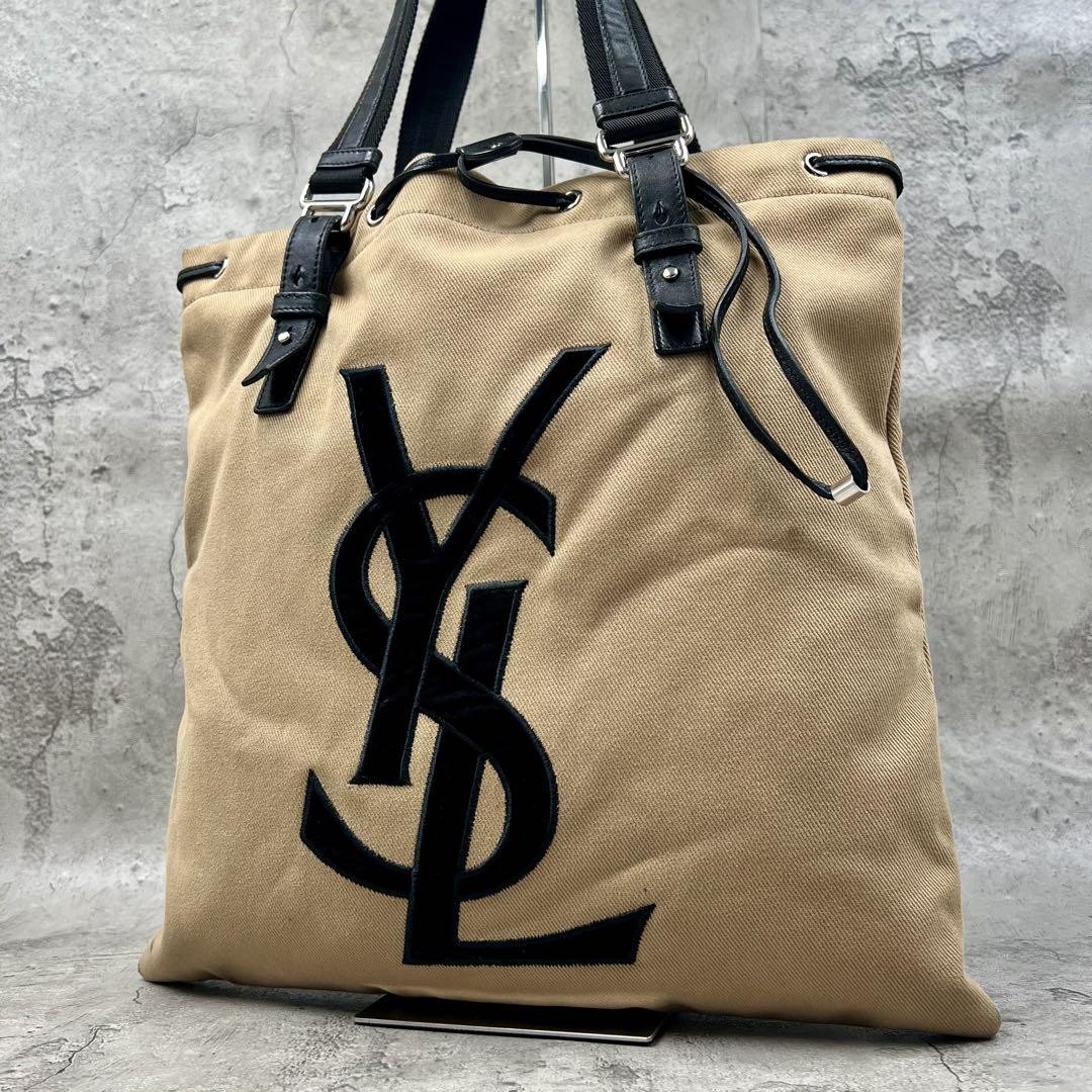Yves Saint Laurent Kahala Tote Bag Rare Beige Black Leather #PC0GEP