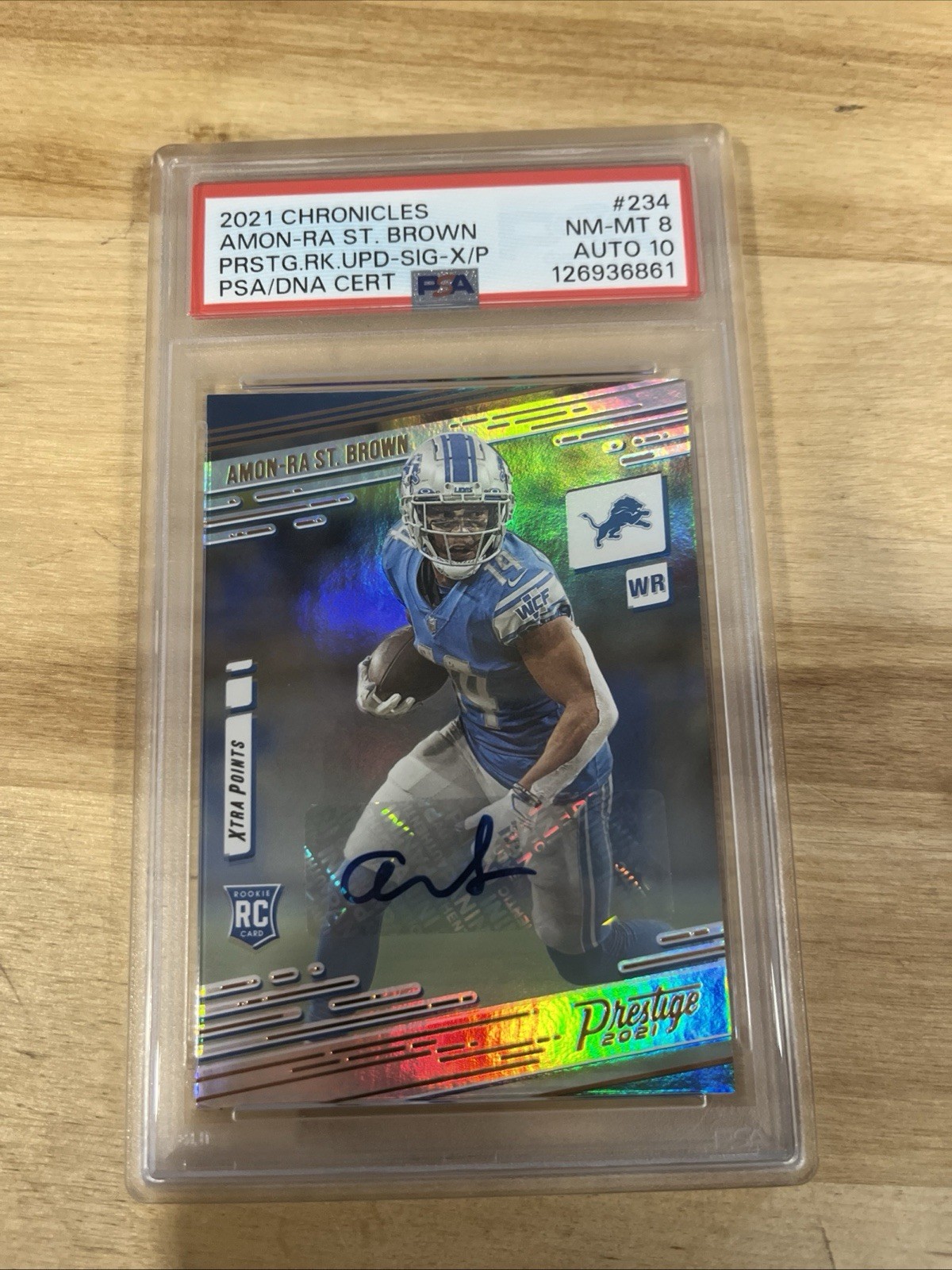 2021 Panini Prestige Gold Extra Points Auto Amon Ra St Brown PSA Auto 10 Card 8 view 2