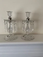 2 pc Duncan & Miller Sandwich Clear Glass Candlestick Holders