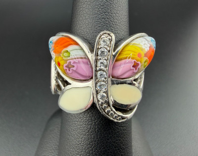 Designer Alan K 925 Sterling Silver Colorful Glass Gemstone Butterfly Ring Sz 7