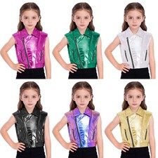 Girls Hip-Hop Jazz Dance Party Cropped Tops Shiny Zip Up Vest Sequins Waistcoat