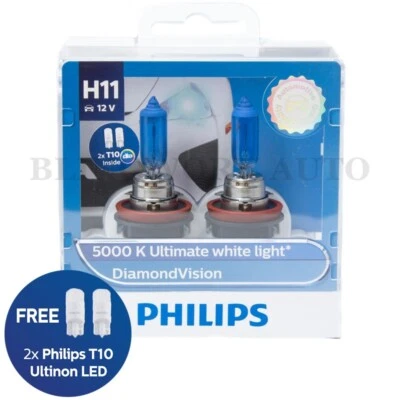 (FREE LED T10) Philips H11 Diamond Vision 5000K White Halogen Light Bulb 12V 55W - Image 1 of 4