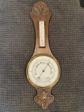 Ancien baromètre anéroïde thermomètre sculpté main boîtier bois 31" fahr + centi