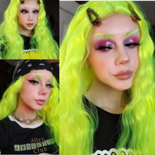 Long Curly Wavy Lace Front Wigs Neon Green Synthetic Wig Glueless Costume USA