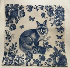 Chinoiserie Blue Ivory Fox Floral Botanical Linen Throw Pillow Cover Home Decor