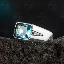 925 Sterling Silver Aquamarine Stone Turkish Men's Ring