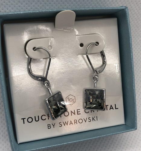 💎Touchstone Crystal by Swarovski Rhodium Earrings Black 1” New Condition - Picture 7 of 8