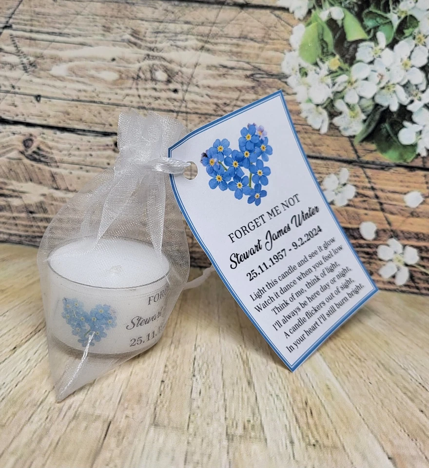 Personalised Funeral Memorial FORGET ME NOT tealight size candle favours - Image 4 of 4