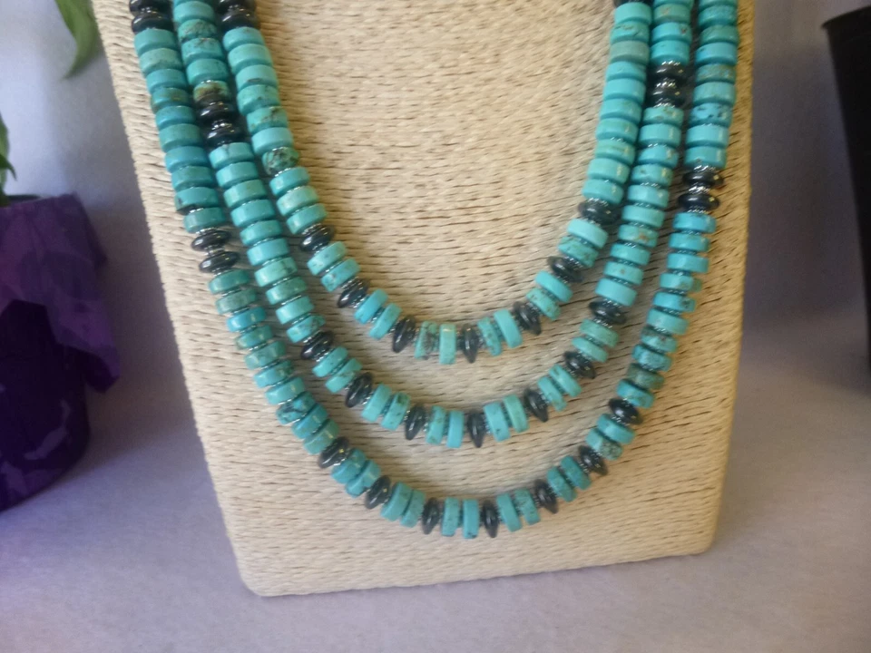 Turquoise & Hematite 925 Multi Strand Native American Southwestern Necklace - Image 3 of 4