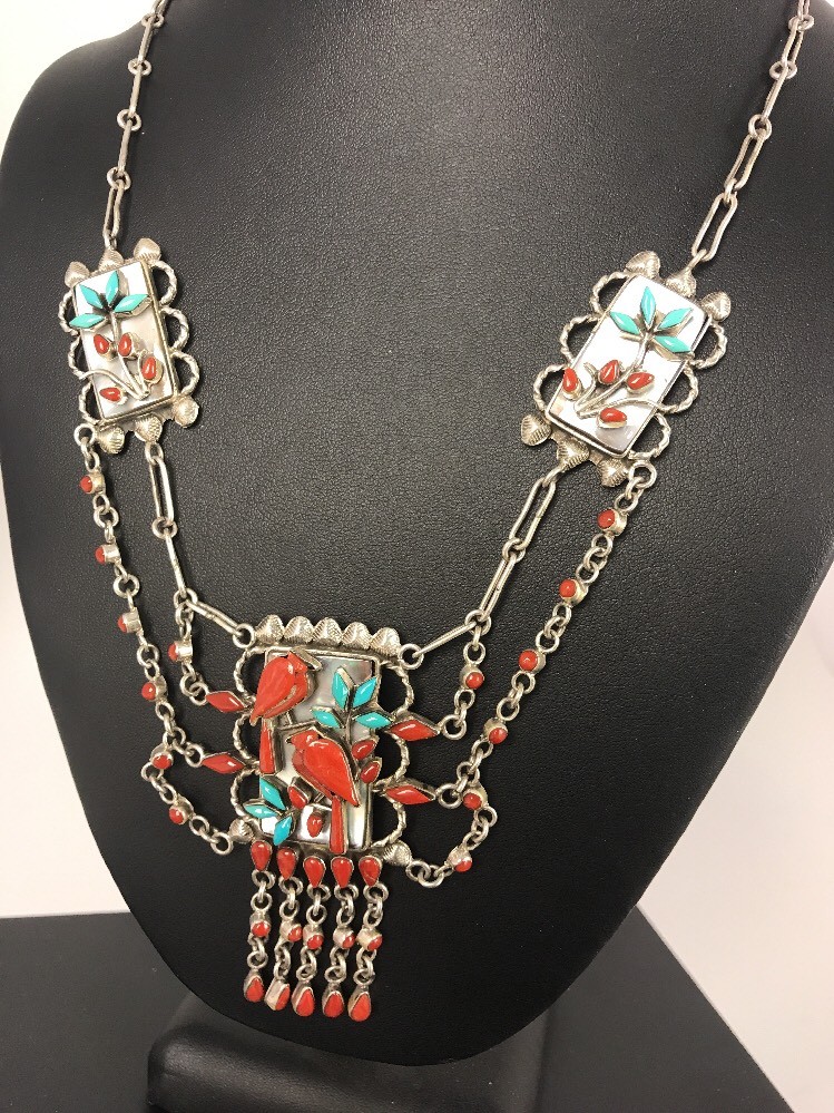 Turquoise & Coral Pendant Zuni Sterling Silver Museum Collectible Necklace 03029